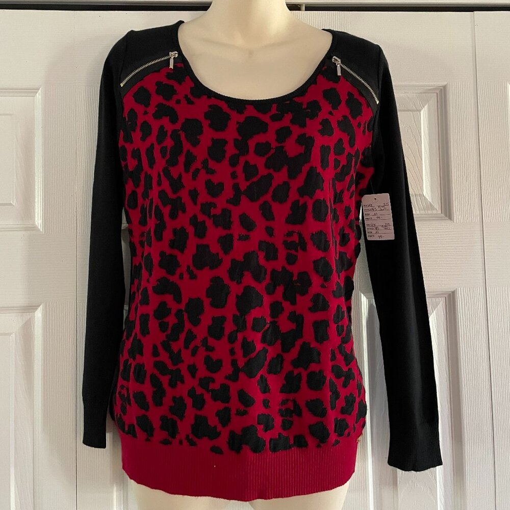 VEX Black & Red Patterned Zipper accents Sweater NWT